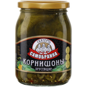 КОРНИШОНЫ МАРИНОВАННЫЕ ХРУСТЯЩИЕ СКАТЕРТЬ САМОБРАНКА 480Г СТ.